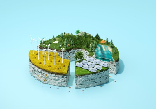Digital generated image of abstract circular chart made of stone and grass showing different segments of alternative energy and nature.