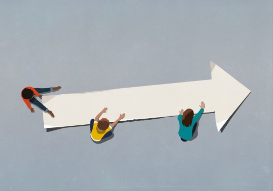 Illustration of three individuals around an arrow to represent working toward accessibility.