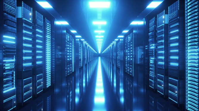 Data center with endless servers. Network and information servers behind glass panels. Cloud computing data storage. 3d illustration.