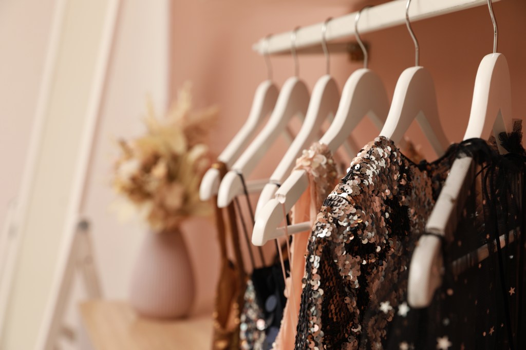 Image of a collection of women's garments on hangers on a rack.