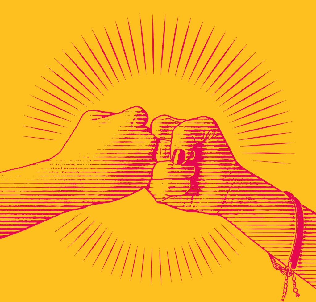 an engraved illustration of two women fist-bumping.