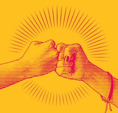 an engraved illustration of two women fist-bumping.
