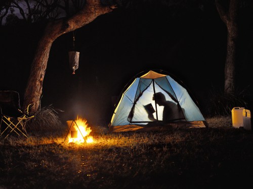 Woman reading book in tent by camp fire, silhouette