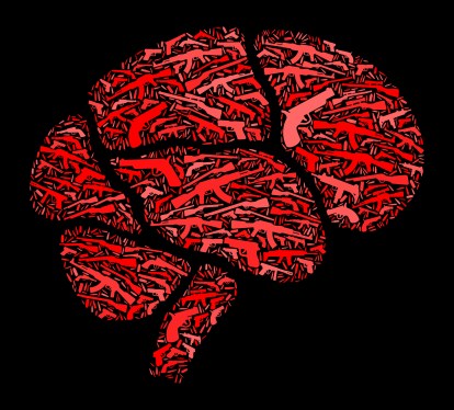 Image of a segmented brain with guns in the background to represent traumatic brain injuries in troops.