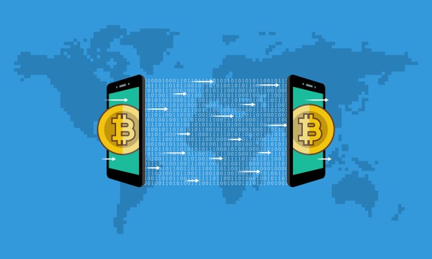 Image of two phones on top of a world map with bitcoin logos and arrows pointing between the phones to symbolize cryptocurrency remittances.