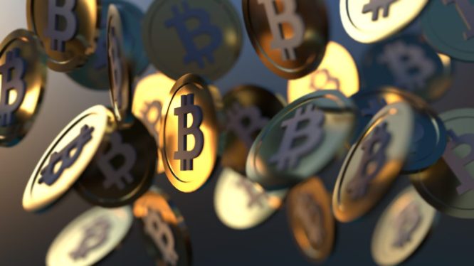 Conceptual illustration showing the Bitcoin symbol on golden coins falling through the air