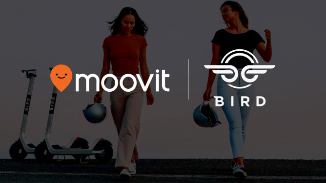 Moovit and Bird logos over two women with scooters and helmets to show integration