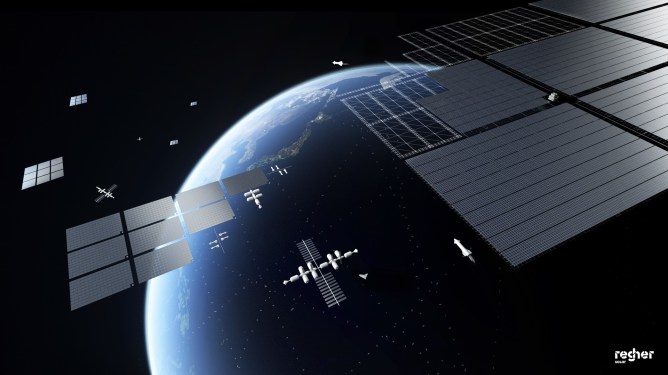 CG illustration of a kilometer-wide solar panel installation in space.