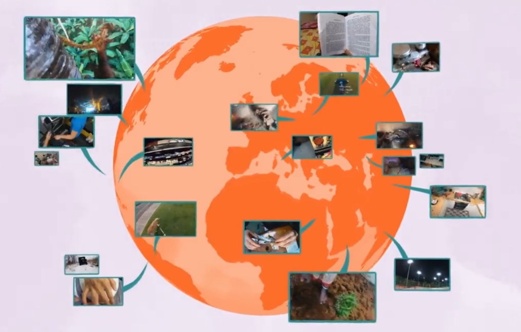 Image of a globe with video images of first person views scattered around it.