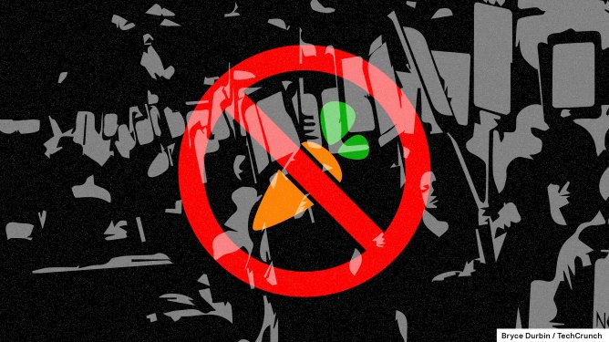An Instacart logo with a red "no" sign through it. The background is a pixelated image of a worker strike.