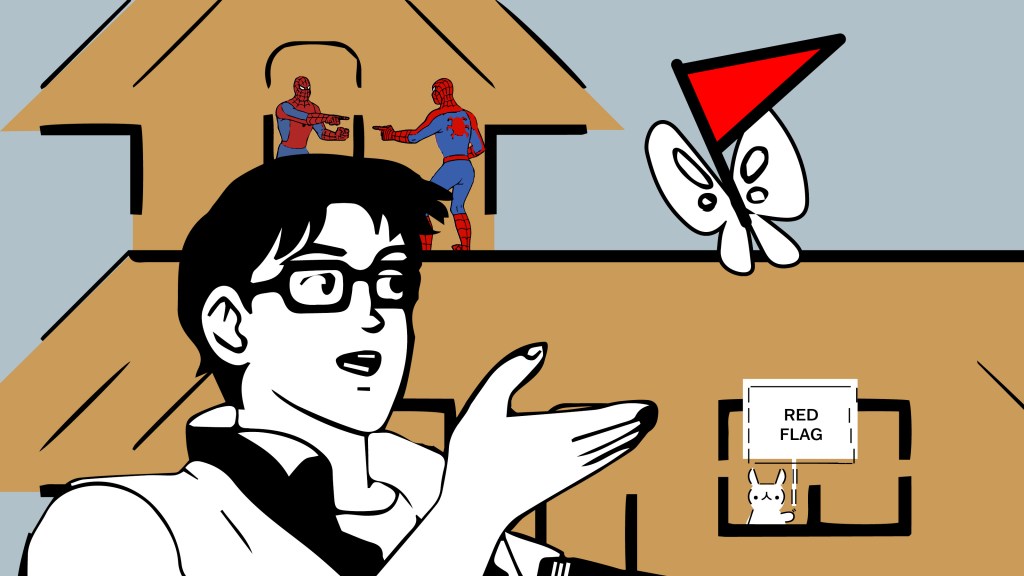 A collage of memes, like the butterfly meme, ASCII art bunny, and Spider-Man pointing. The butterfly in the meme is a red flag emoji.