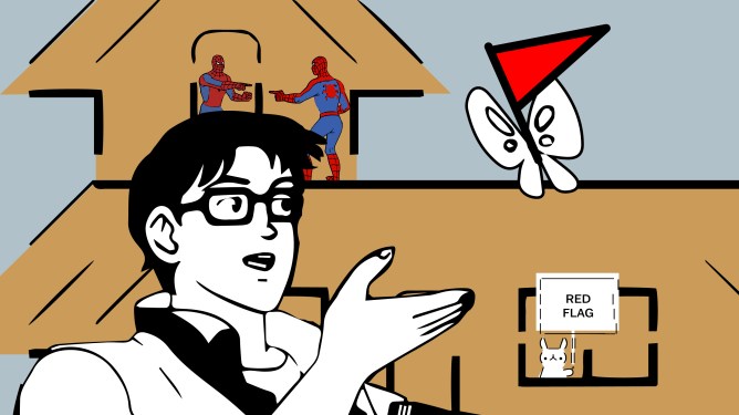 A collage of memes, like the butterfly meme, ASCII art bunny, and Spider-Man pointing. The butterfly in the meme is a red flag emoji.