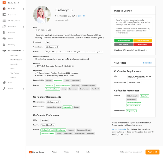 YC co-founder matching platform