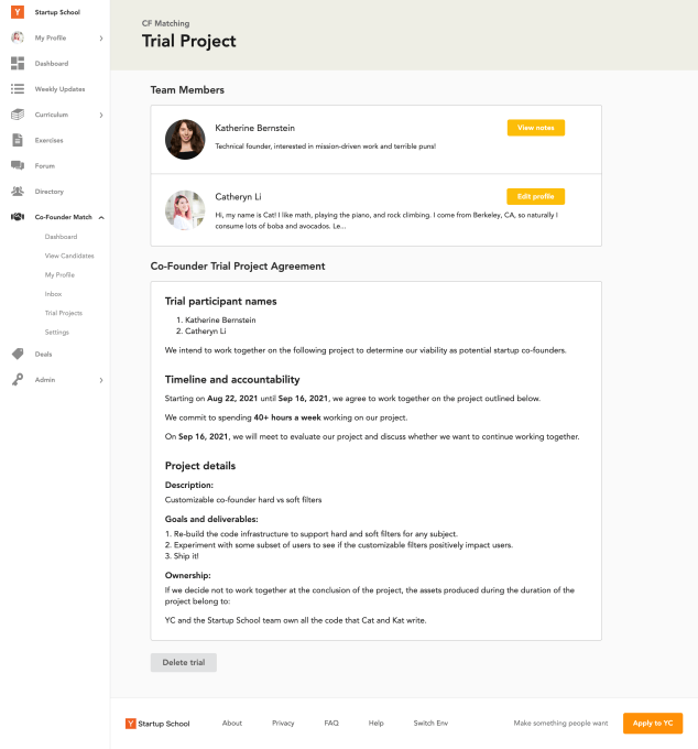 YC co-founder matching platform