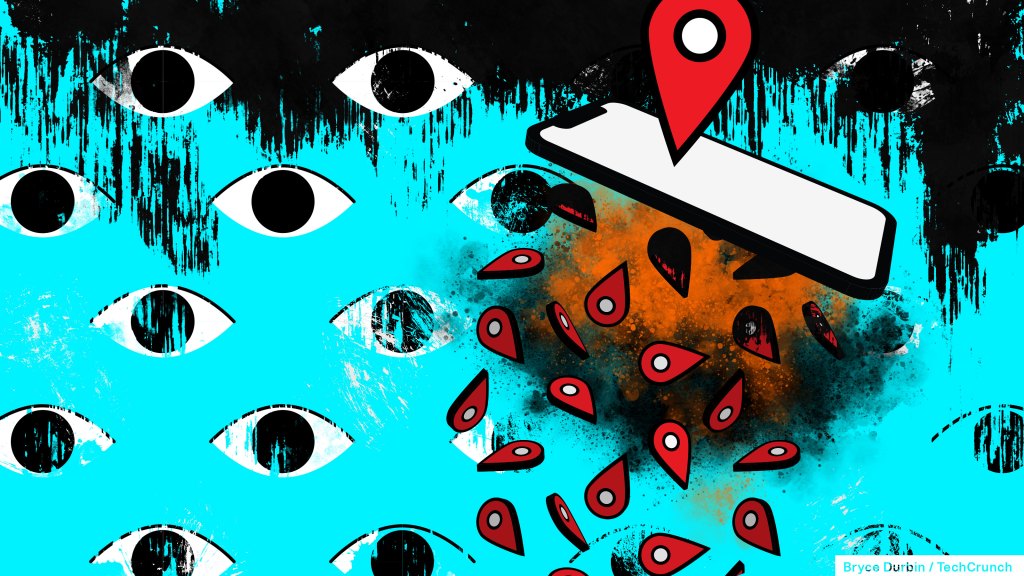 eyes on a blue background with a phone featured prominently with location markers falling out of it, suggestive of a leak