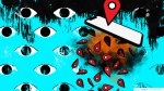 eyes on a blue background with a phone featured prominently with location markers falling out of it, suggestive of a leak