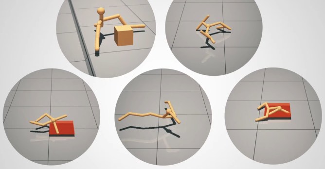 Computer-generated simple creatures attempt various tasks.