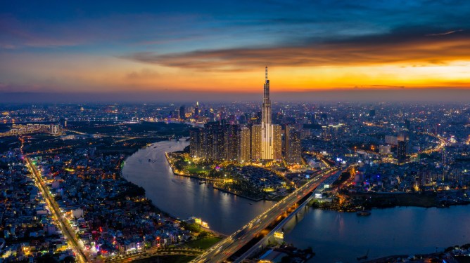 Panorama of Ho Chi Minh City skyline at sunset, used in a story about proptech startup Homebase