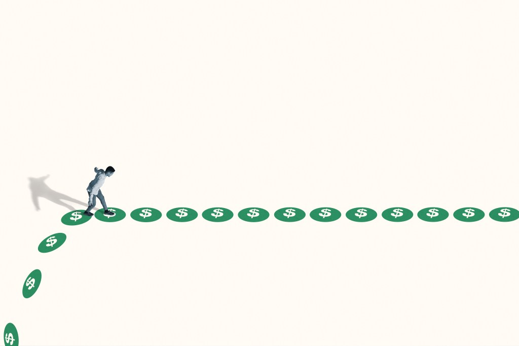 High angle side view of watchful young man walking on green dollar signs against white background