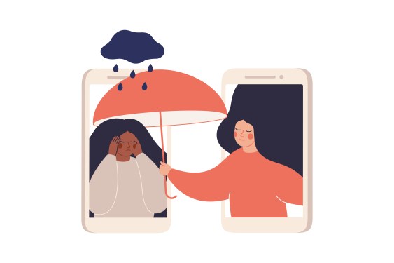 Illustration of two teens in cell phones with one shielding the other from raindrops with an umbrella to represent human experience.