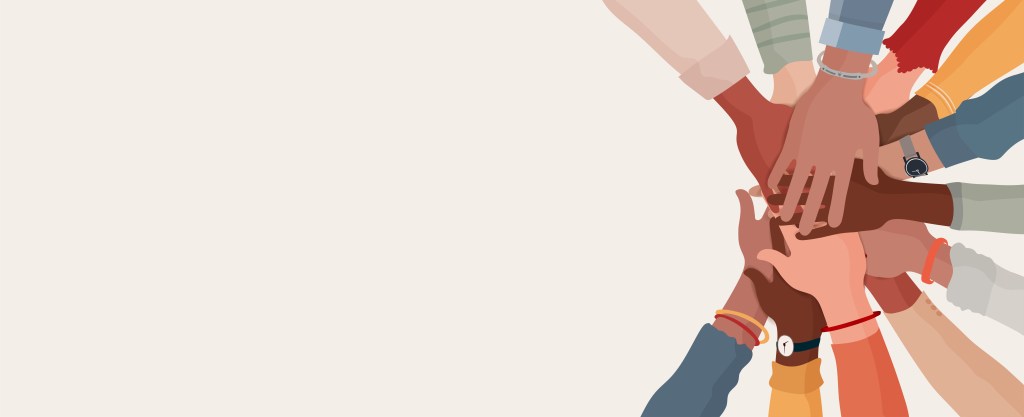 Illustration of a multiracial group of hands.