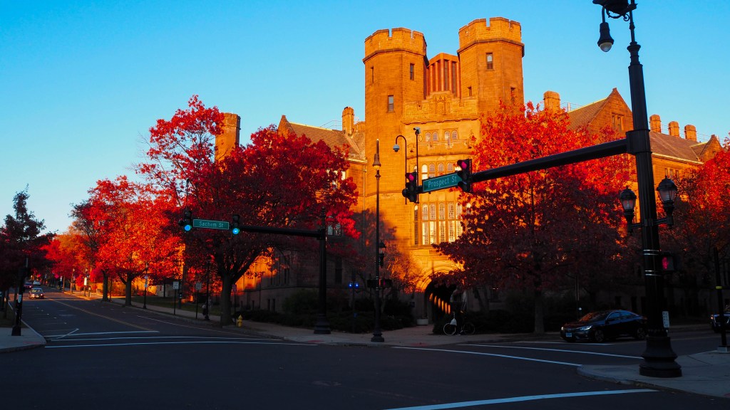 Image of Yale University campus buildings in autumn.