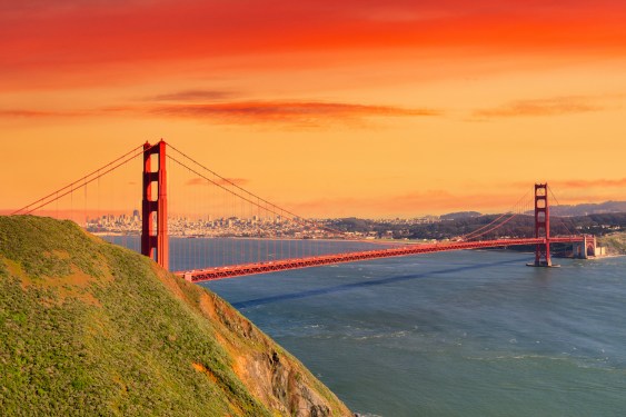 The Golden Gate Bridge in San Francisco California at sunset.