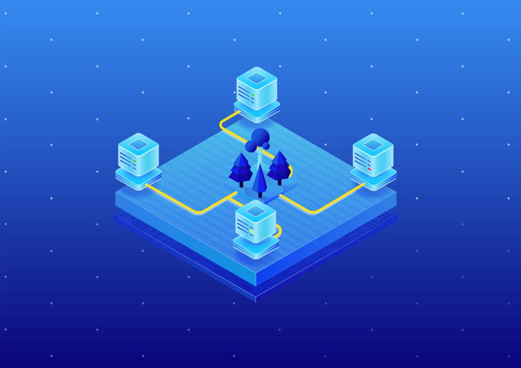 Concept of environmental friendly IT data center. Isometric 3D vector illustration of server farm powered by sustainable energy.