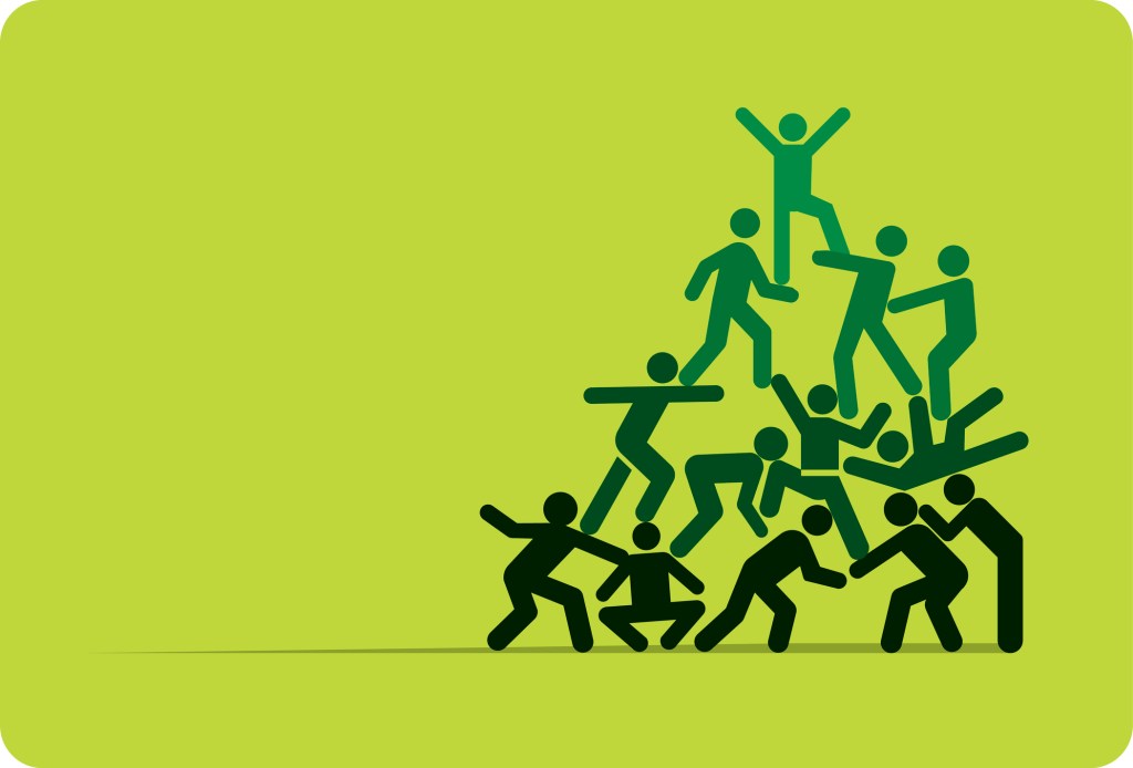 Green men forming a human pyramid and getting greener as they reach the top.
