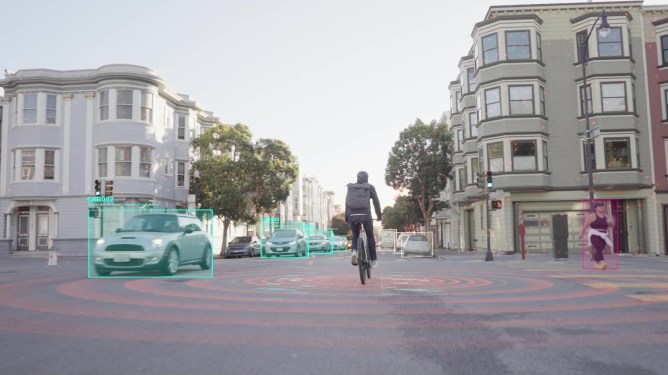 Streetlogic computer vision e-bike driver assistance safety system rendering of what the camera sees and detects cars and potential collisions