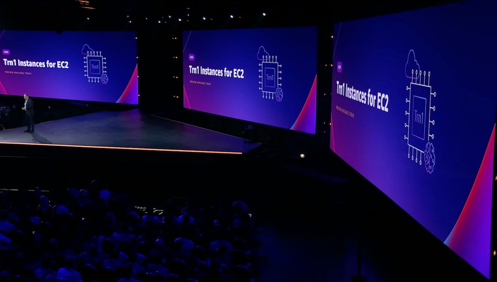 AWS CEO Adam Selipsky introducing new Trn1 chip for machine learning at AWS re:Invent 2021.
