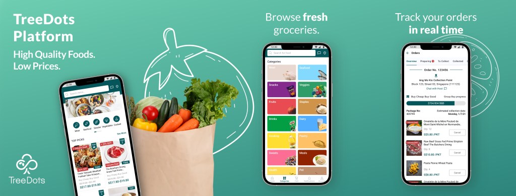 App screenshots from TreeDots, a Singapore-based startup focused on reducing food waste in Asia
