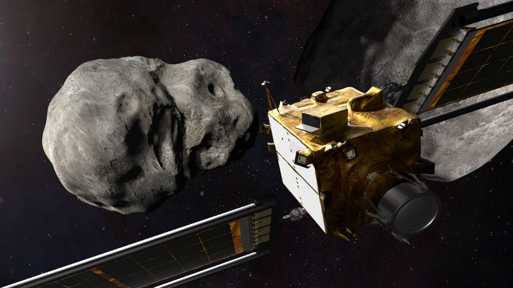 The DART spacecraft approaches the asteroid Dimorphos in this illustration.
