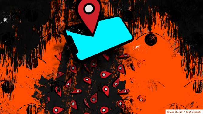 an illustration of a series of location data markers falling out of a phone, lit up with a blue display, on a red darkened background