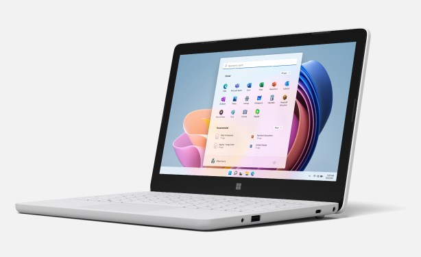 Microsoft's Surface Laptop SE shown open with the start menu showing.