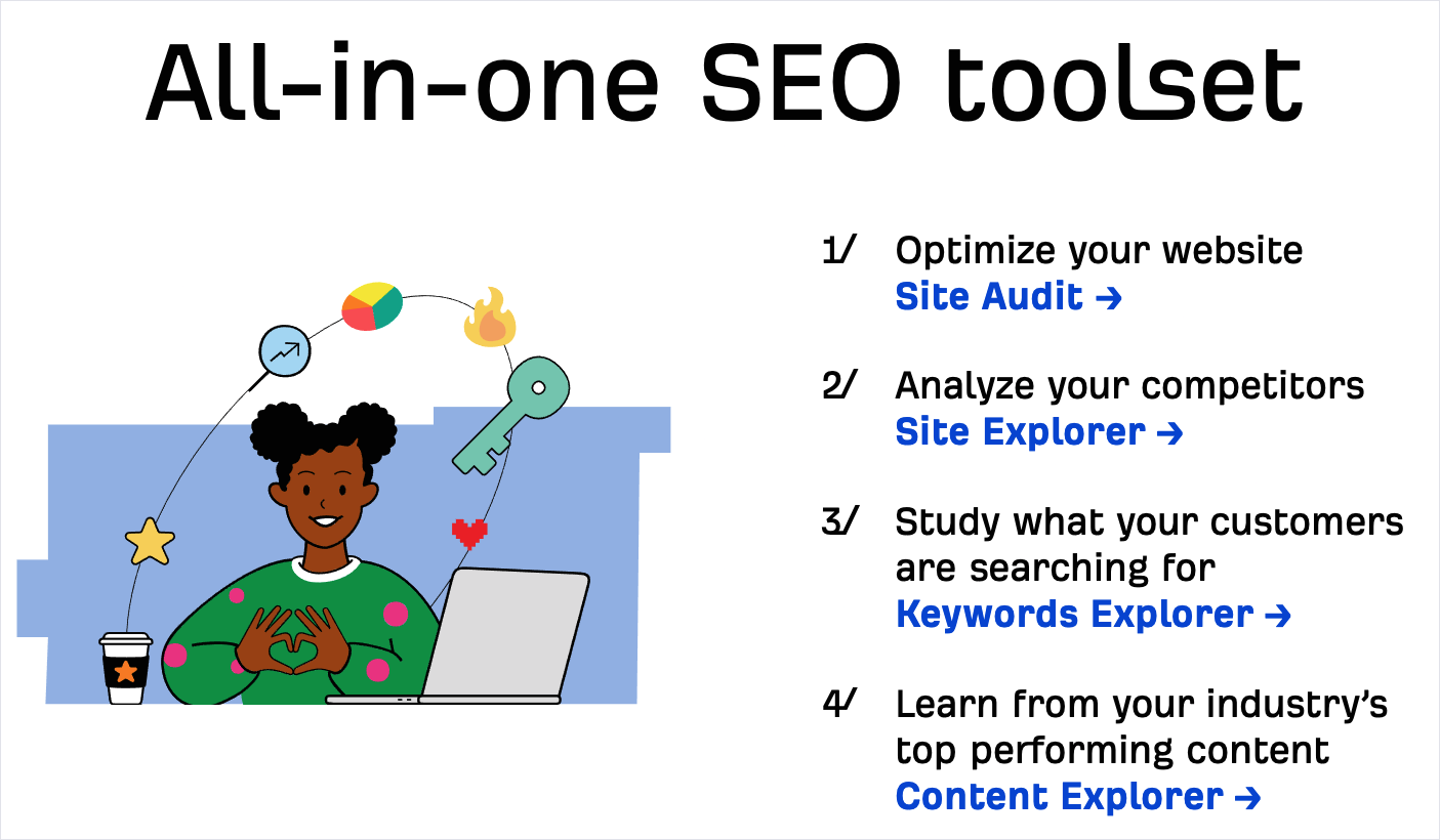 Ahrefs lays out the benefits of its main feature: the all-in-one toolset