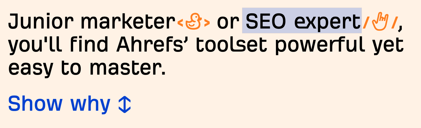 Ahrefs uses a toggle to show experts the features they'd like to see, without making its beginner audence see it too
