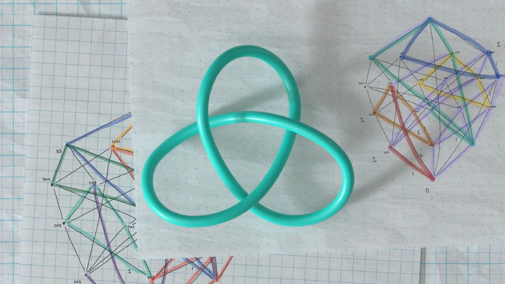 A knot and a drawing of a complex polyhedron on graph paper.