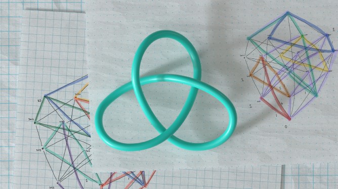 A knot and a drawing of a complex polyhedron on graph paper.