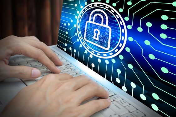 Double exposure of businessman use laptop with padlock technology, Cyber Security Data Protection Business Technology Privacy concept, Internet Concept of global business.