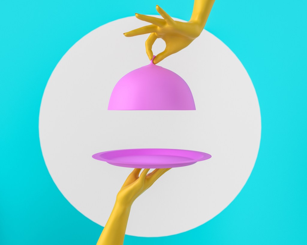 Pink Dish with lid holding hands isolated, opened restaurant cloche, launch time promo banner concept. 3d rendering (Pink Dish with lid holding hands isolated, opened restaurant cloche, launch time promo banner concept. 3d rendering, ASCII, 116 compon