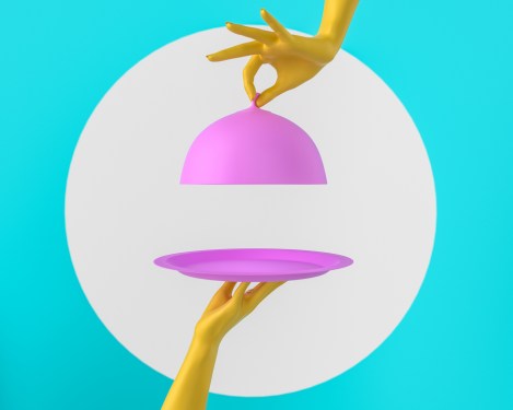 Pink Dish with lid holding hands isolated, opened restaurant cloche, launch time promo banner concept. 3d rendering (Pink Dish with lid holding hands isolated, opened restaurant cloche, launch time promo banner concept. 3d rendering, ASCII, 116 compon