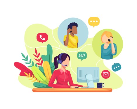 Vector illustration Female customer service. Hotline operator advises client, Online global technical support. Female customer service worker helping customers over phone calls. Flat illustration