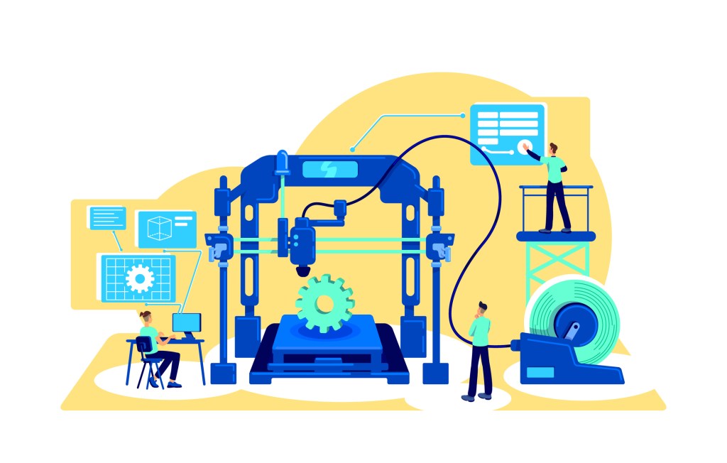 Process automation flat concept vector illustration. Digitalization of factory machinery. Digital transformation. Manufacture 2D cartoon characters for web design. Automatization creative idea