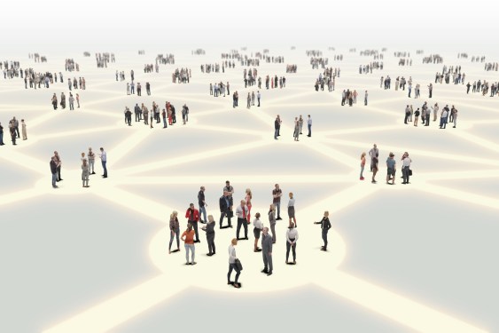 Crowd of people on network connection lines.