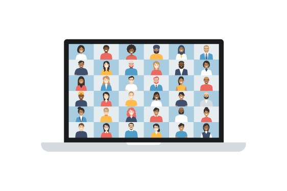 Illustration of a video conference screen on a laptop featuring diverse individuals.