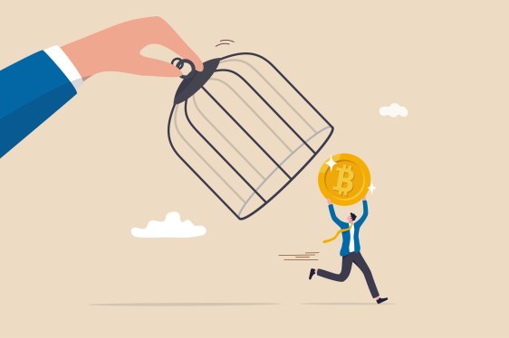 Image of a hand holding a cage trying to capture a man running with a bitcoin to represent regulation of decentralized finance (DeFi).