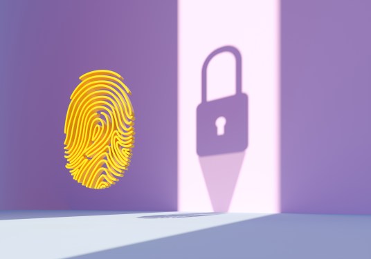 Digital generated image of fingerprint shape made out of digital numbers on purple background.