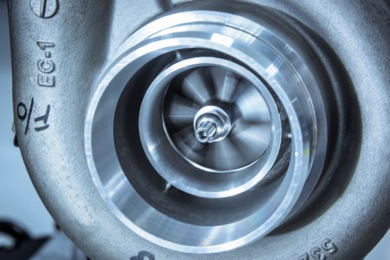 Close up detail of spinning turbocharger blades in research facility