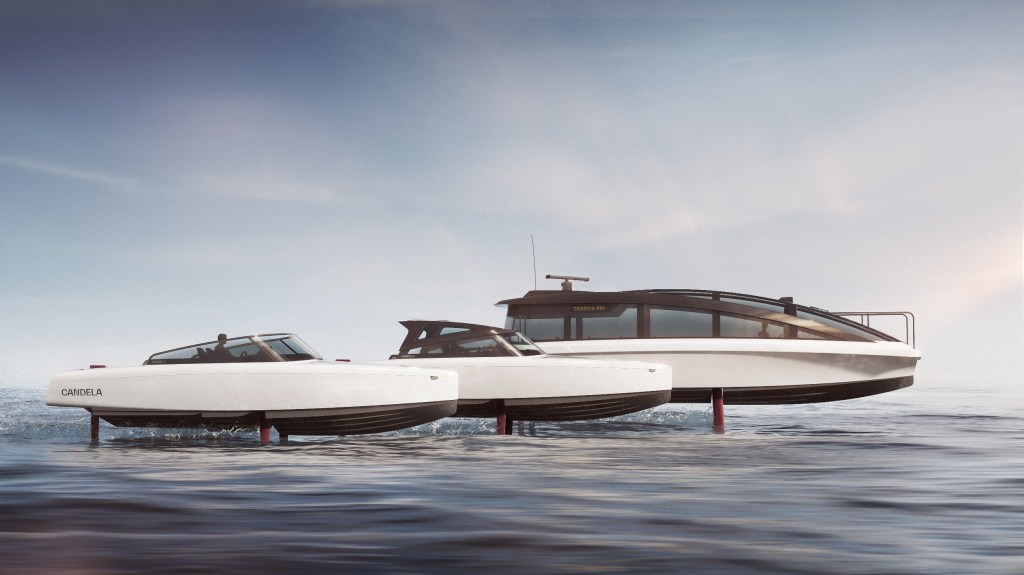 Several hydrofoiling boats stand up out of the water in this render of Candela watercraft.